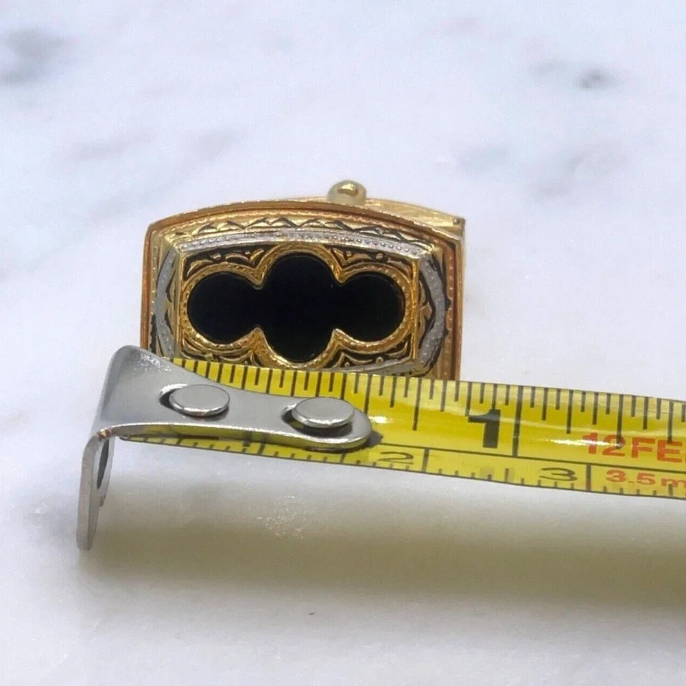 Vintage Damascene Etched Black Gold Tone Stamped Spain Whale Back Cufflinks